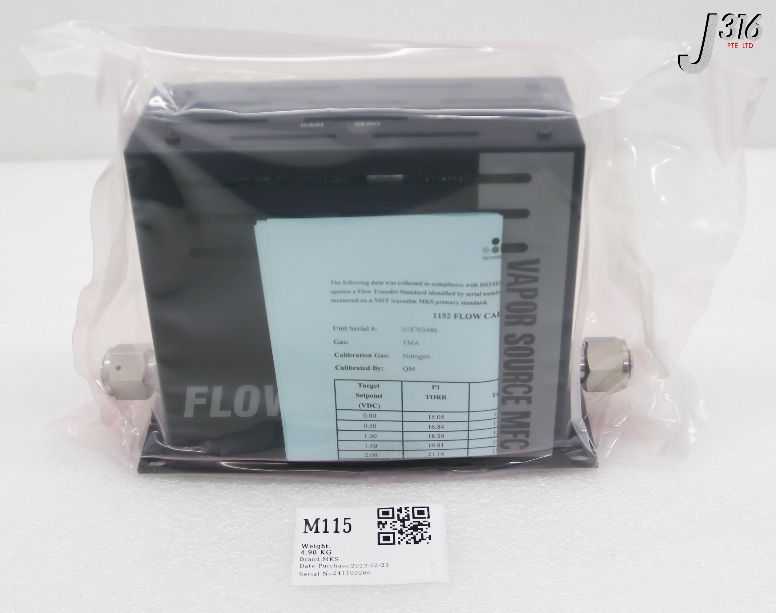 M115 MKS VAPOR MASS FLOW CONTROLLER, TYPE 1150, GAS: TMA, RANGE: 250 SCCM (NEW) 1152C-1008M