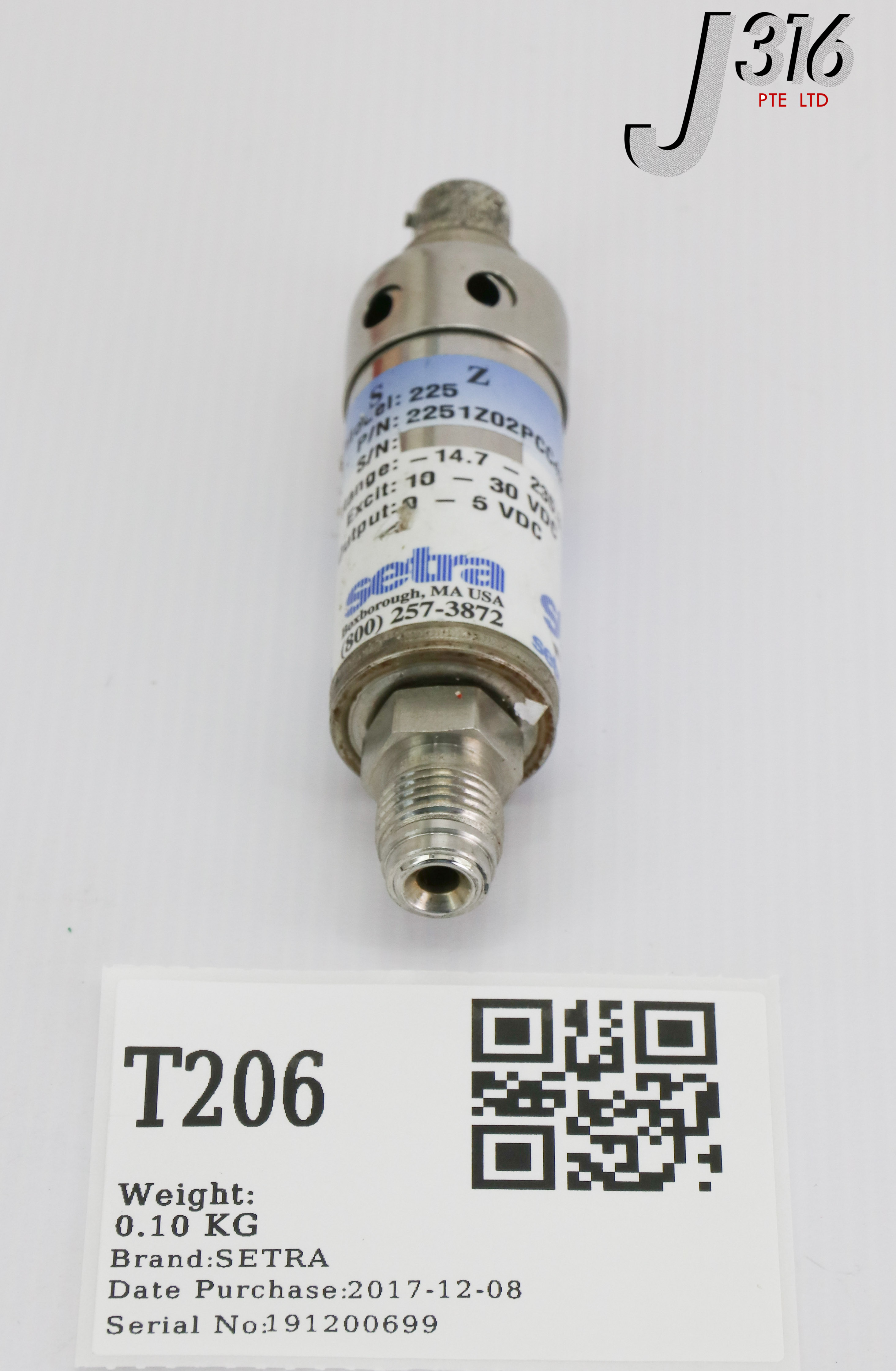 T206 SETRA MODEL 225 PRESSURE TRANSDUCER, -14.7-235.3PSIG 2251Z02PCC42BB1