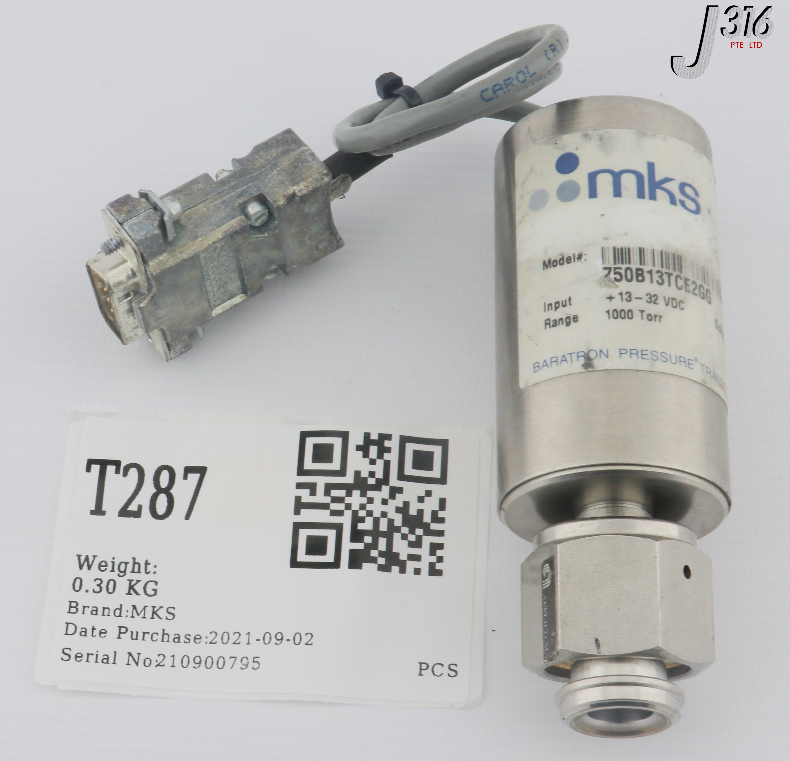 T287 MKS BARATRON PRESSURE TRANSDUCER, 1000 TORR 750B13TCE2GG