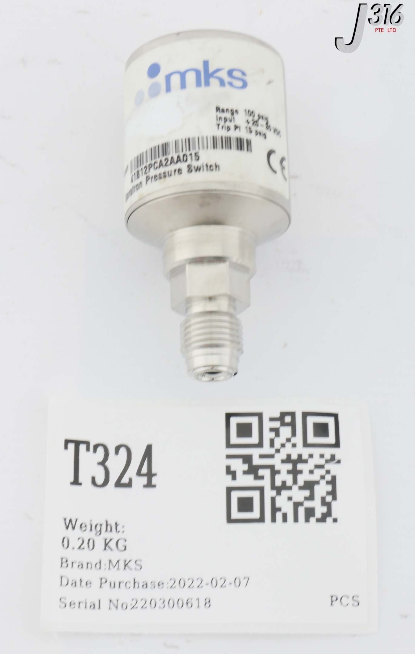T324 MKS BARATRON PRESSURE TRANSDUCER, 100 PSIG 41B12PCA2AA015