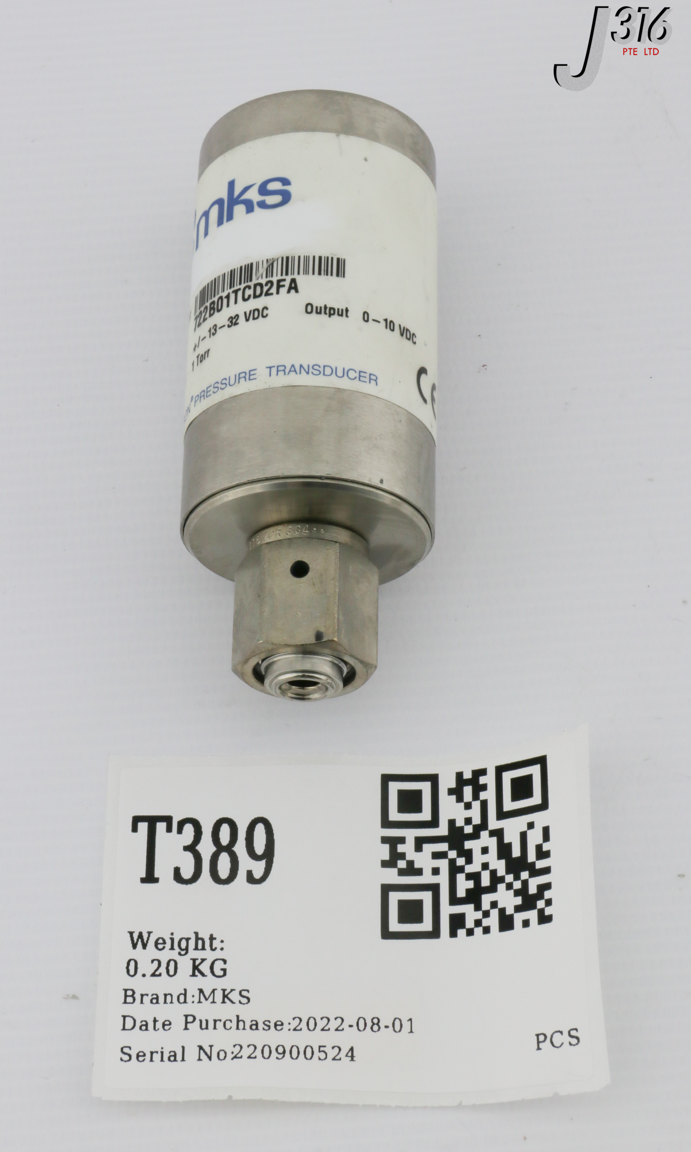 T389 MKS BARATRON PRESSURE TRANSDUCER, 1 TORR 722B01TCD2FA